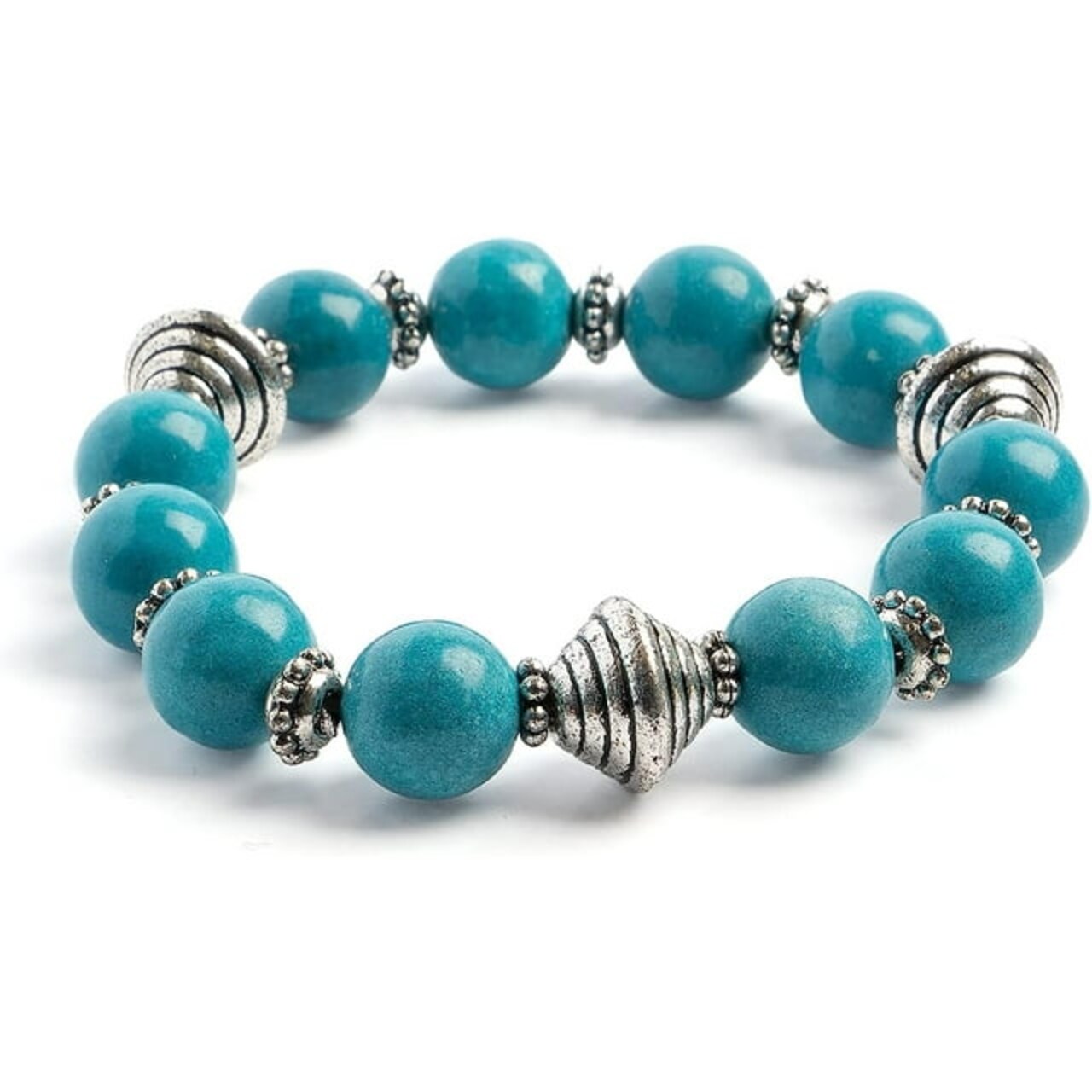 Earth's Jewels Semi-Precious Dyed Turquoise Stretch Bracelets with Bicone Silver Spacer Beads